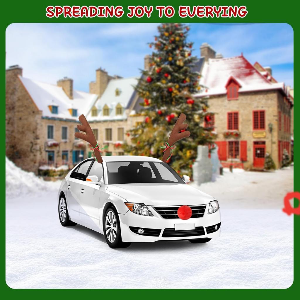 Car Reindeer Antler Kit Nose, Car Reindeer Antlers Christmas For Car Window Roof-Top & Front Grille, Auto Reindeer Antler And Nose Kit Decoration Set