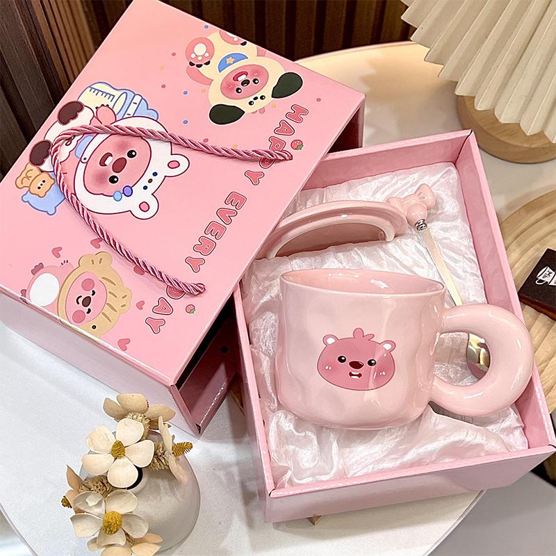 Household New Ceramic Cup Sets Gift Box Women 400ml Cute Cartoon Bear Handle Tea Mugs with Scoop and Lid Creative Cup to Friends