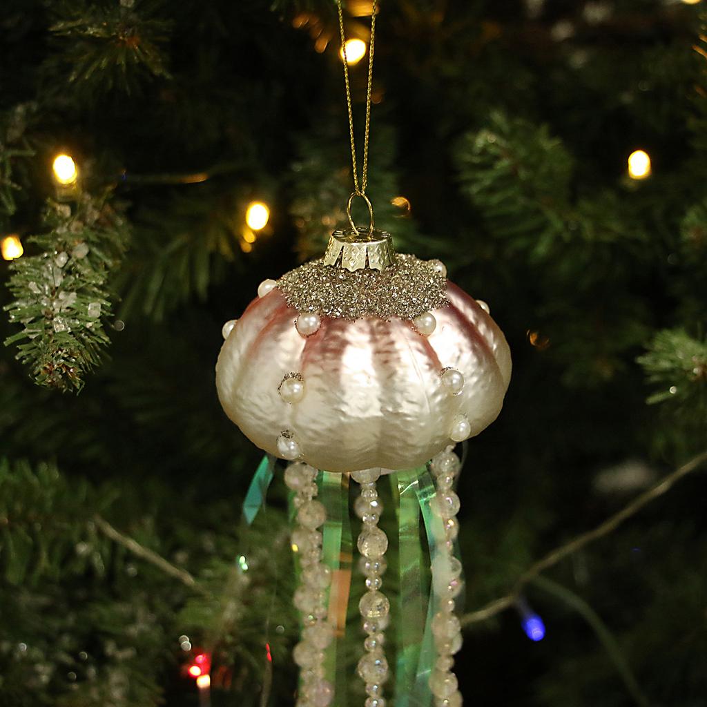 4Pcs Glass Jellyfish Pendant Drop Hanging Ornament with Tassel Accents Pearl Rhinestone Decor 36cm L