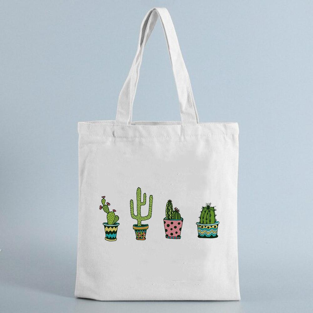 Tote Shopping Bag Cactus Drawing Print Reusable Ladies Canvas Shopper Bags Student Book Bag Female Eco Foldable Cute Bag Fashion
