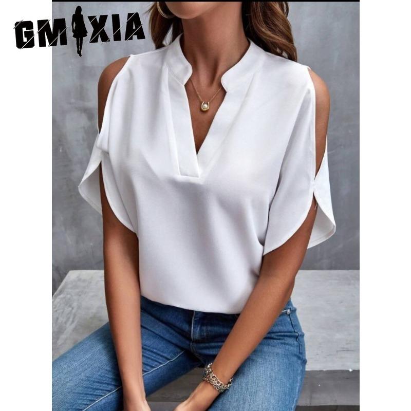 

GMXIA Women s Fashion Casual Leisure Summer Solid Color Print Short Sleeve V-Neck Blouses & Shirts S красный