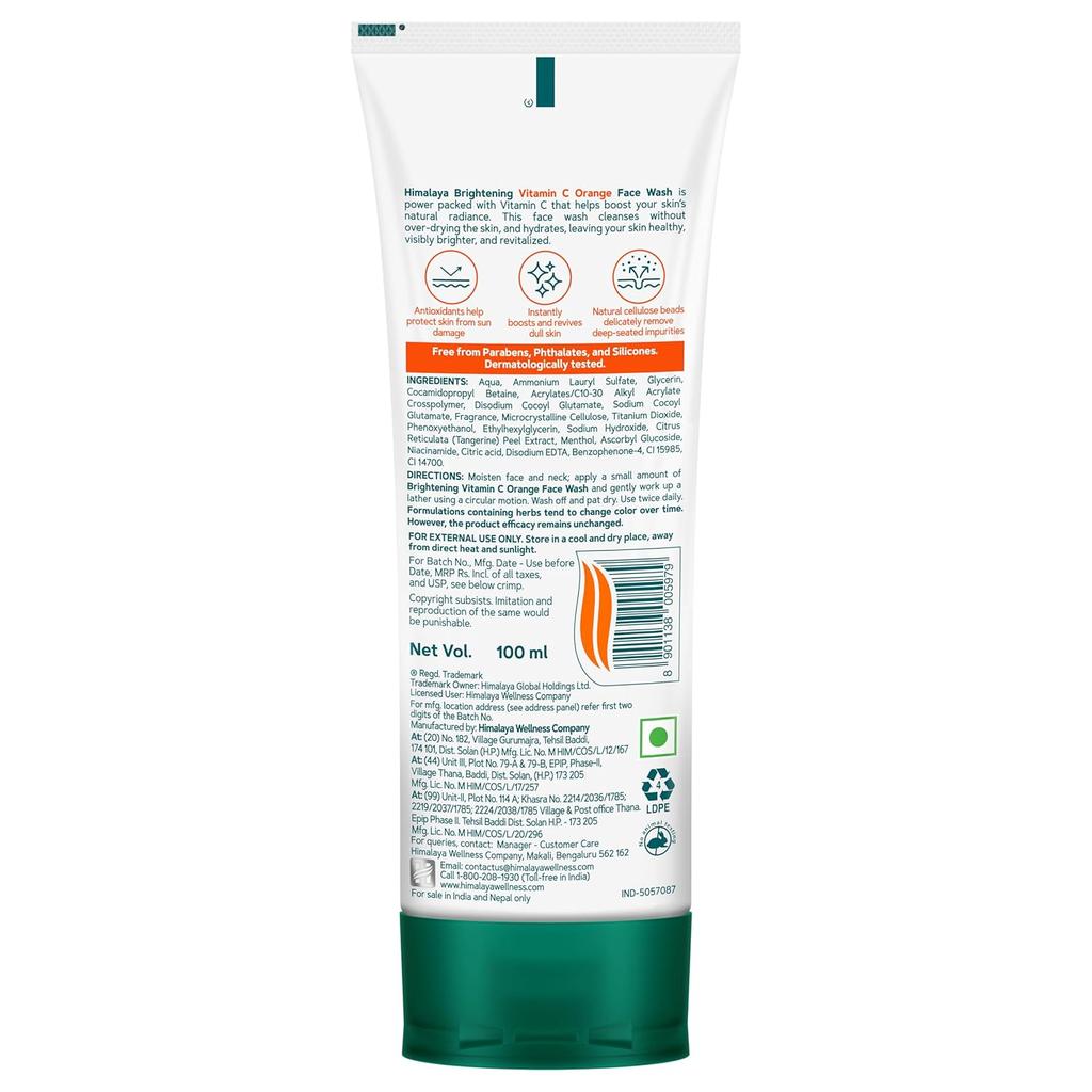 Himalaya Brightening Vitamin C Orange Face Wash 100ml Natural Radiance Boosting Cleanser for Dull Skin Removal