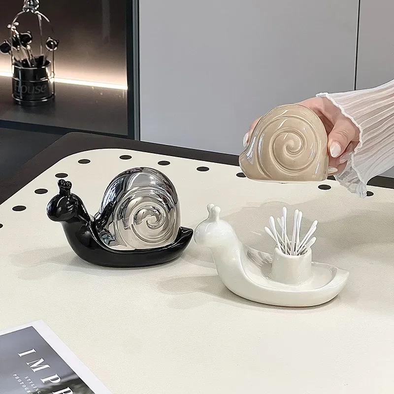 Toothpick Tube Ceramic Snail Shaped Decorative Ornament Dental Floss Cotton Swab Storage Jar Household Desktop Decoration Gift