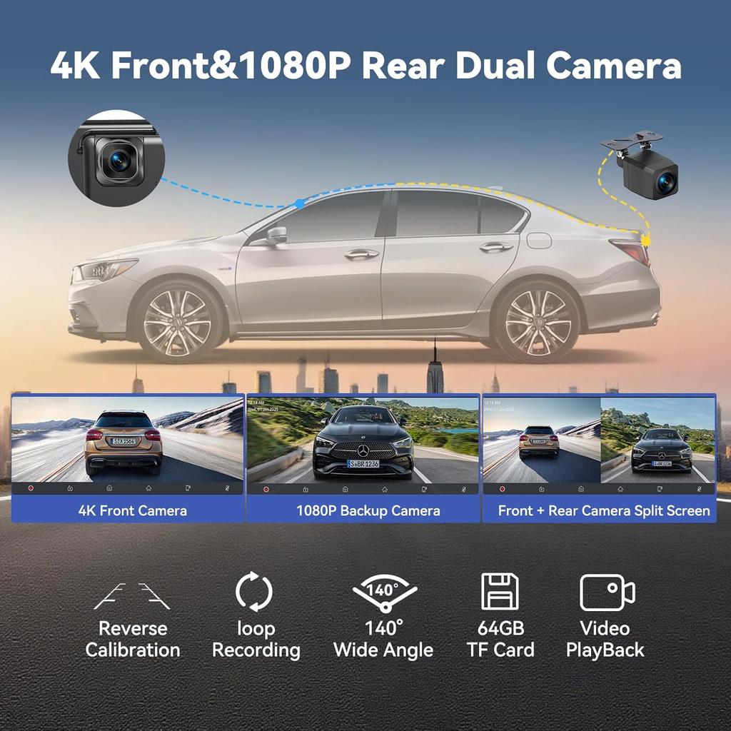 11.5' Carplay Screen with Android Auto, 4K Dash Cam, 1080P Backup Camera, GPS, Bluetooth, Voice Control