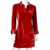 Damen Funkelndes Hemdblusenkleid Pailletten Samt Patchwork Langarm V-Ausschnitt Kleid Lässig Revers Locker Abendpartykleid