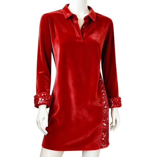 Damen Funkelndes Hemdblusenkleid Pailletten Samt Patchwork Langarm V-Ausschnitt Kleid Lässig Revers Locker Abendpartykleid