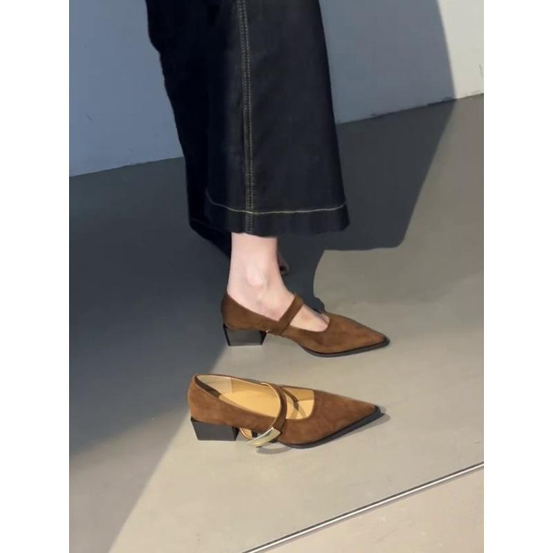 Schuhe mit Metallschnalle, dicker Absatz, flache Pendlerschuhe, spitze Mary Jane Schuhe