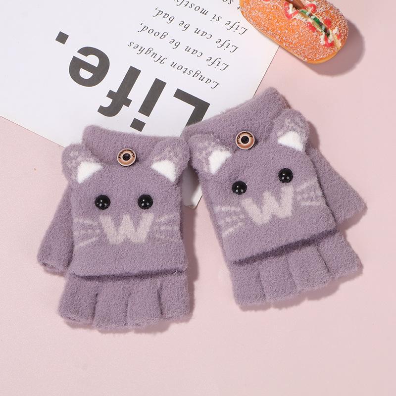 New Children's Knitted Finger Gloves Winter Boys and Girls Warm Fleece Thickened Cartoon Half Finger Flip Gloves