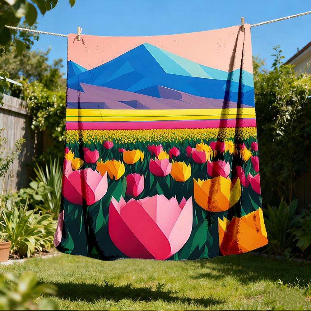 1pc Tulip Field Outdoor Flannel Blanket Soft All Season Polyester Throw , Perfect for Picnics & Travel , Picnic Accessory