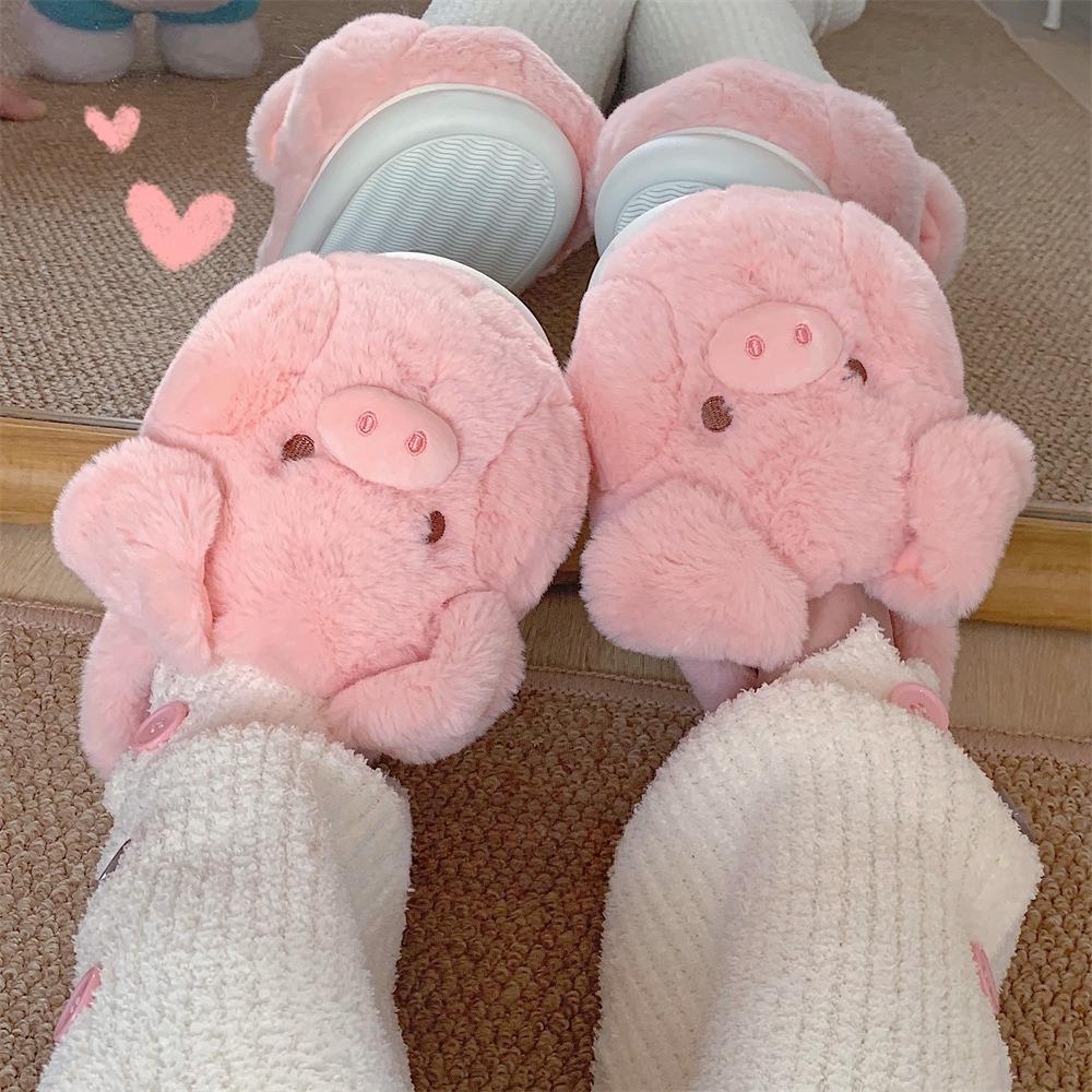 Rosa Schwein Baumwollpantoffeln Damen Winter Warm Anti-Rutsch Niedlich Cartoon Weicher Plüsch Indoor Flauschiger Pantoffel für Mädchen Haus Boden Schuhe