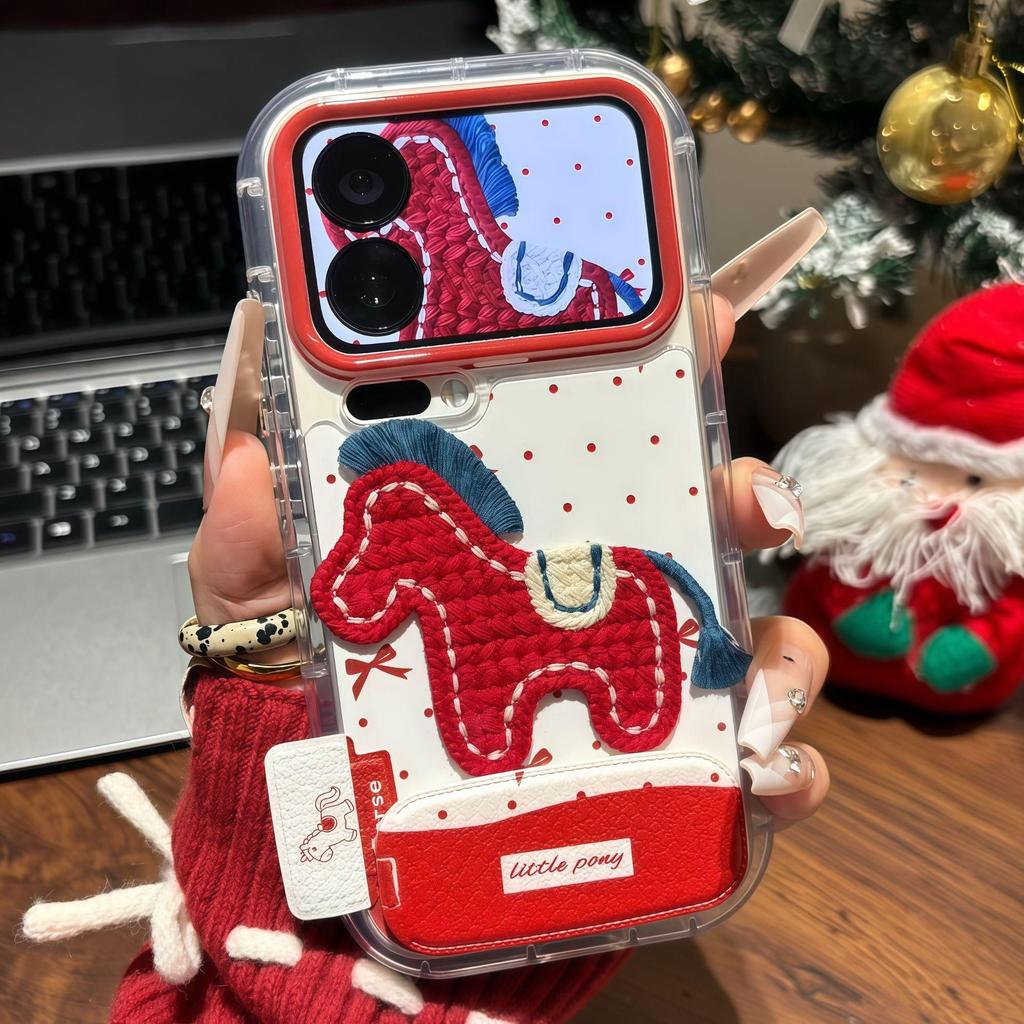 New Year's Embroidery Pony Bracket Is Suitable for Apple 17/16promax Mobile Phone Case IP15 Puff Feather Yarn 14/13 Set
