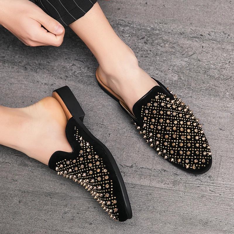 Rivet Pointed Toe Slippers Men's Summer Heelless Sandals Men's Leather Shoes Sandals Outerwear Slippers Male Casual Shoes