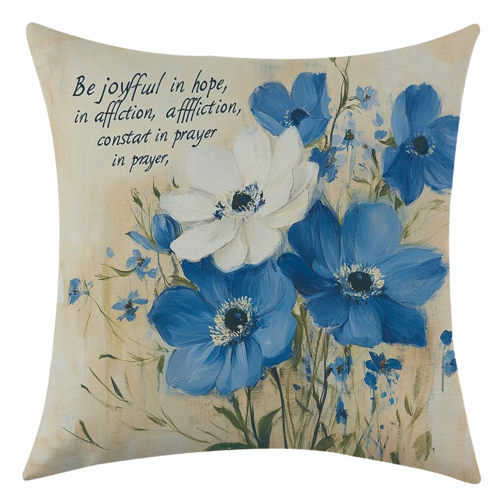 New Blue Watercolor Flower Linen Pillowcase for Holiday Decoration and Car Cushion Cover