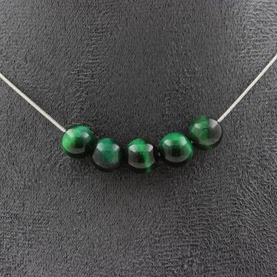 Stones and Minerals. Necklace 5 Green Tiger Eye Beads 8 Mm. Stainless Steel Chain Necklace Women Men. Custom Size
