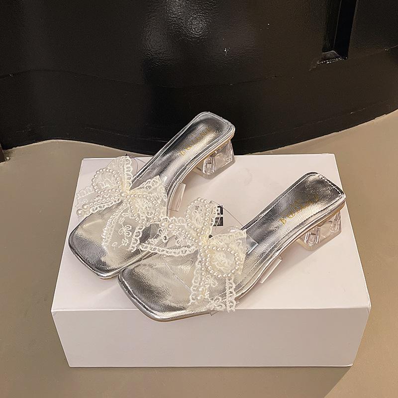 Lace Female Transparent 2025 Fairy Beaded Bow New Sandals Wind Square Head Cool Slippers Thick Heel High Heel Summer