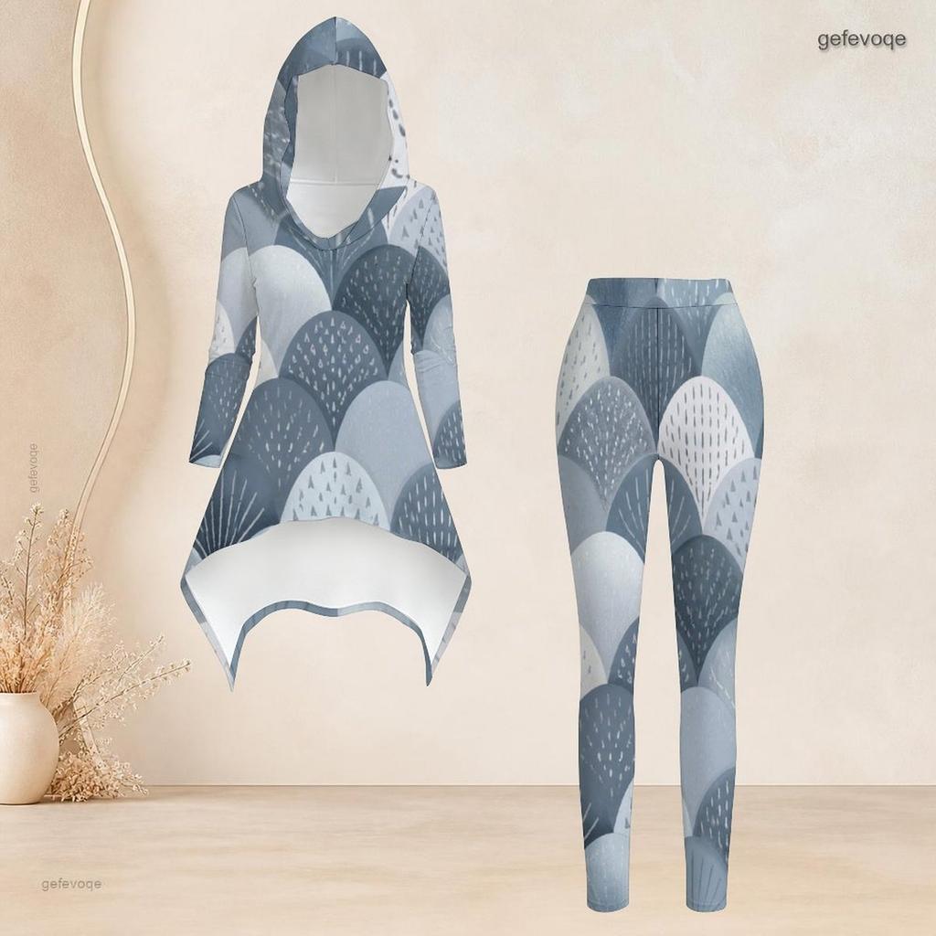 Women Plus Size Geometric Printed Two Piece Set Hooded Long Sleeve High Low Top Fitted Pants