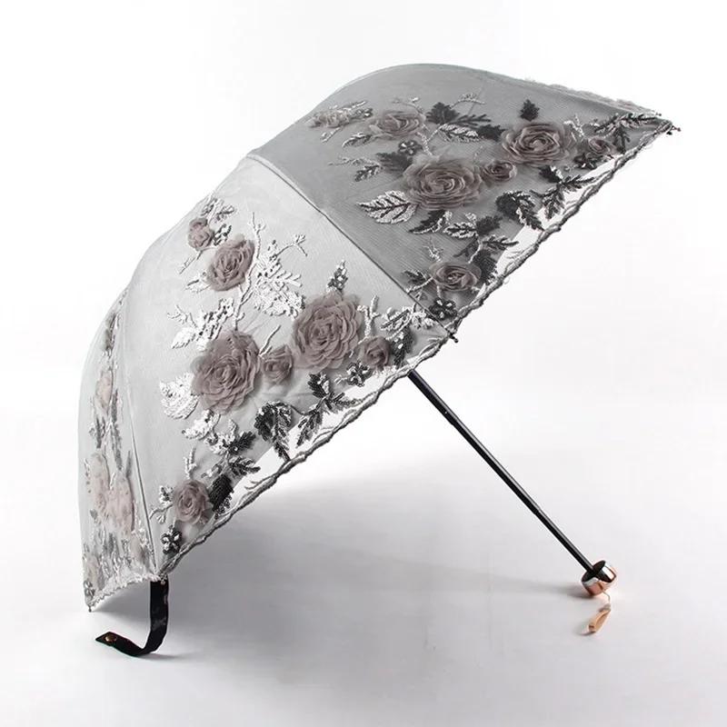 New Fashion Luxury Embroidered Flower Rain Umbrella for Women 3 Folding Double Layer Lace Up Parasol Luxury Uv Umbrellas Summer