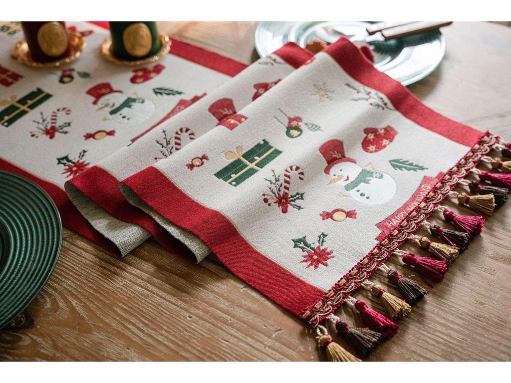 Jacquard Yarn-Dyed Christmas Snowman Reindeer Tassel Polyester Table/Bed Runner