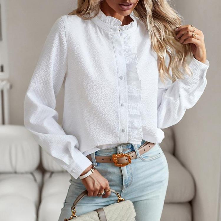 Women's White Long Shirt with Lace Collar Button Down Blouse for Office Ladies Autumn Winter Striped Tops