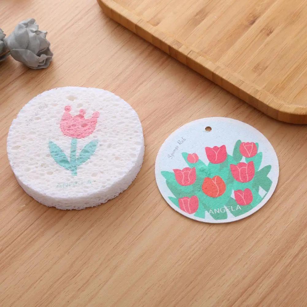 3pcs Magic Cleaning Sponge Cartoon Flowers Compressed Wood Pulp Scouring Pads Kitchen Non-stick Oil Dishwashing Rag Tools