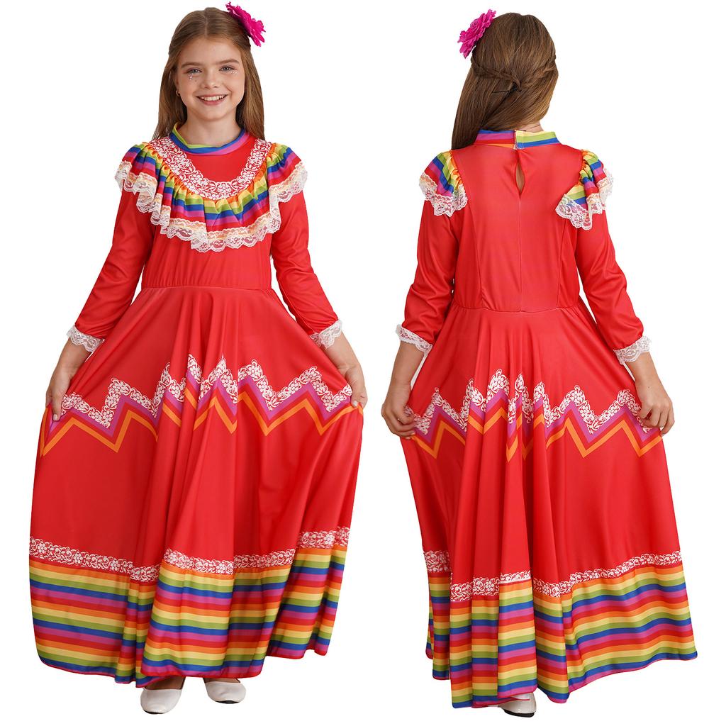 Kids Girls Mexican Traditional Jalisco Folk Dance Dress Halloween Costume with Flower Hair Clip