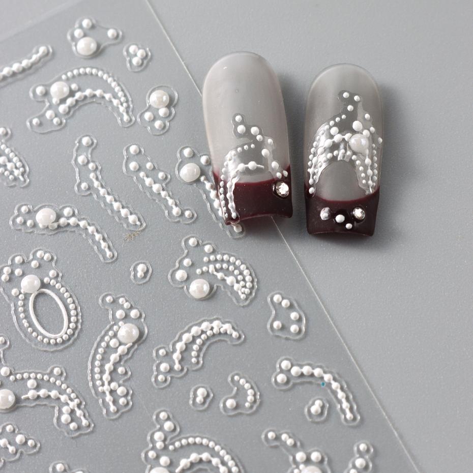 Weiße 5D-Simulationsperlen-Wellenlinien-Nagelkunstaufkleber, elegante, exquisite Nageldekorationsaufkleber, selbstklebende Transferschieber-Maniküre