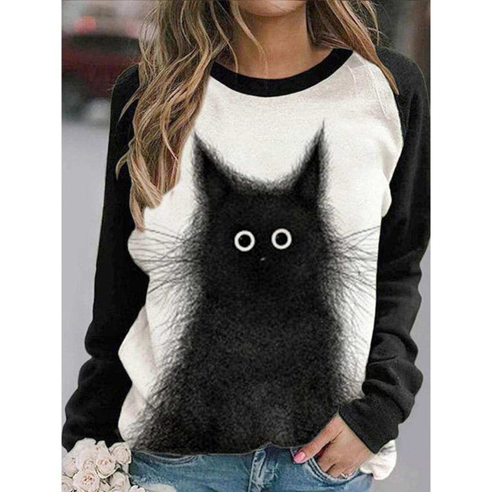 Cotton Long Sleeve T-Shirts For Women Funny Kawaii Cat Animals Print Sweatshirts Female Cute O-Neck Pullover Woman Sweatshirt