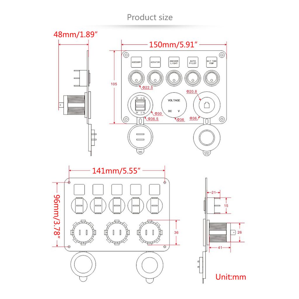 Waterproof Marine Boats Rockers Switch Panel 5 Gang with Twin USB Slot Socket 2.1A + Voltmeter for Car s Vehicle