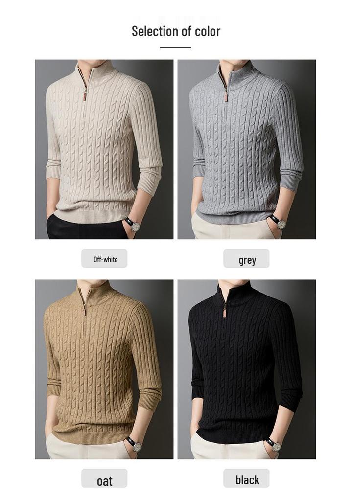 2024 Winter Men's Wool Sweater: Solid Color Jacquard Knit, Warm Thickened Half-Zip