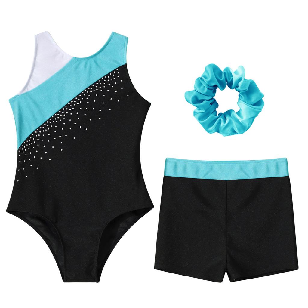 Girls Gymnastics Outfit Set Sleeveless Rhinestone Leotard with Matching Shorts and Hair Accessory