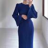 European and American Women's Autumn New Style Long Dress Elegant Pleated Horn Sleeve Mid-length Dress