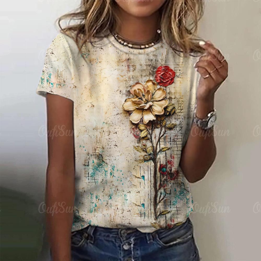 Summer Women's Rose Y2K Pattern Short Sleeve Summer Crew Retro T-shirt