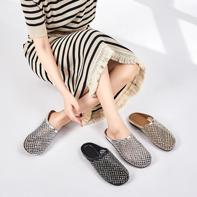 2025 Summer New Flat-bottomed Bag Head Half Slippers Women's Golden Fishing Net Full of Diamonds Hollow Sandals Wear Light Single Shoes