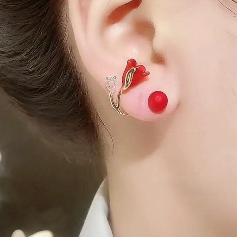 New Red Earrings for Women Tulip Earrings Japanese and Korean Light Luxury Flower Back-hanging Earrings