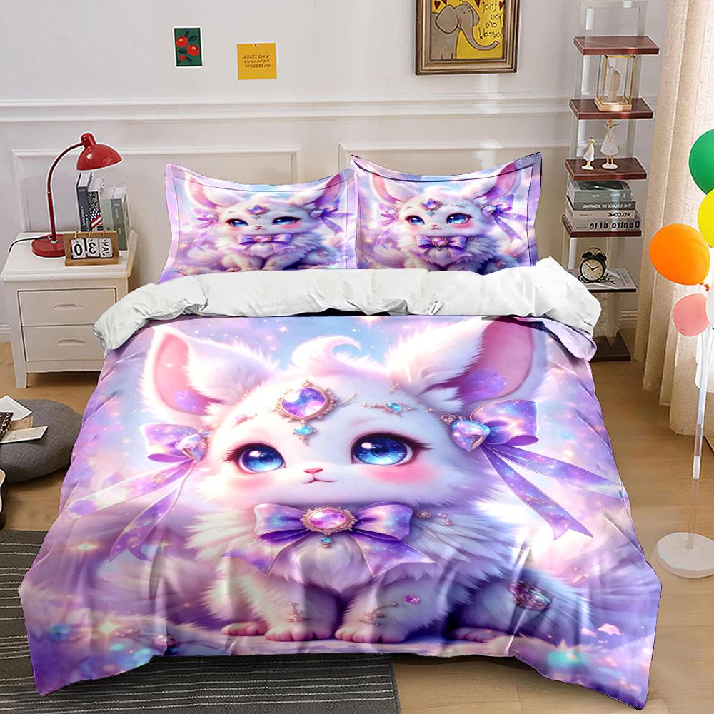 Dreamy jeweled fluffy kitten Bedding Set for Kids Luxury Gift 3pcs Digital Print Comforter Set Soft Comfortable Breathable