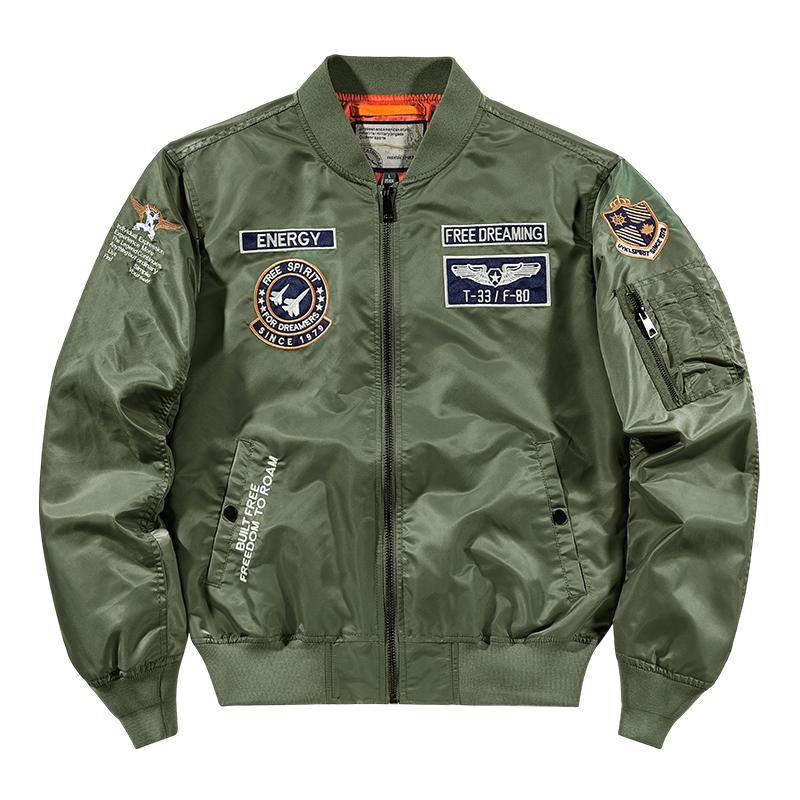 Autumn Men MA-1 Flight Bomber Jacket Badge Embroidery Patches Rib Knit Collar Zip Up Windproof Army Pilot Military Streetwear Casual Outerwear Coat