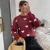 Fall/Winter New Style Retro Sweet Style Heart-Printed Plaid Round-neck Sweater