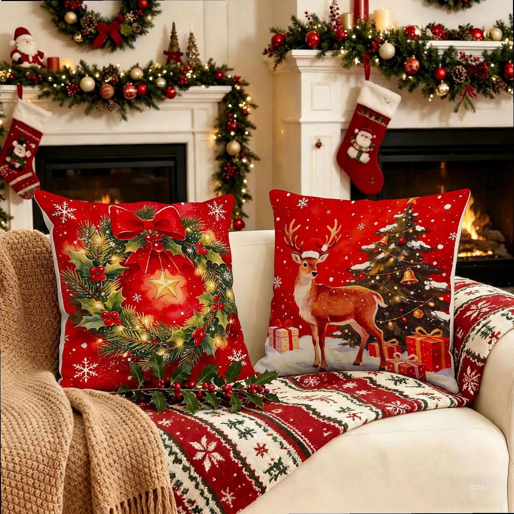 Christmas Pillowcase Grey Red Cartoon Santa Snowman Elk Sofa Cushion Cover Home Bed Car Decor Merry Christmas 45cm X 45cm