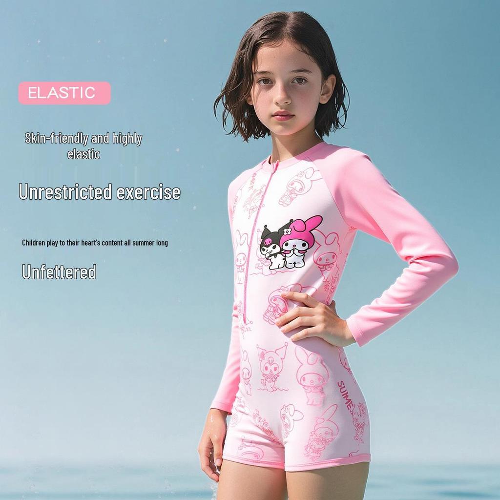 Kuromi Girls' Long Sleeve Sun Protection One-Piece Swimsuit for Kids - Professional Training Boxer Style