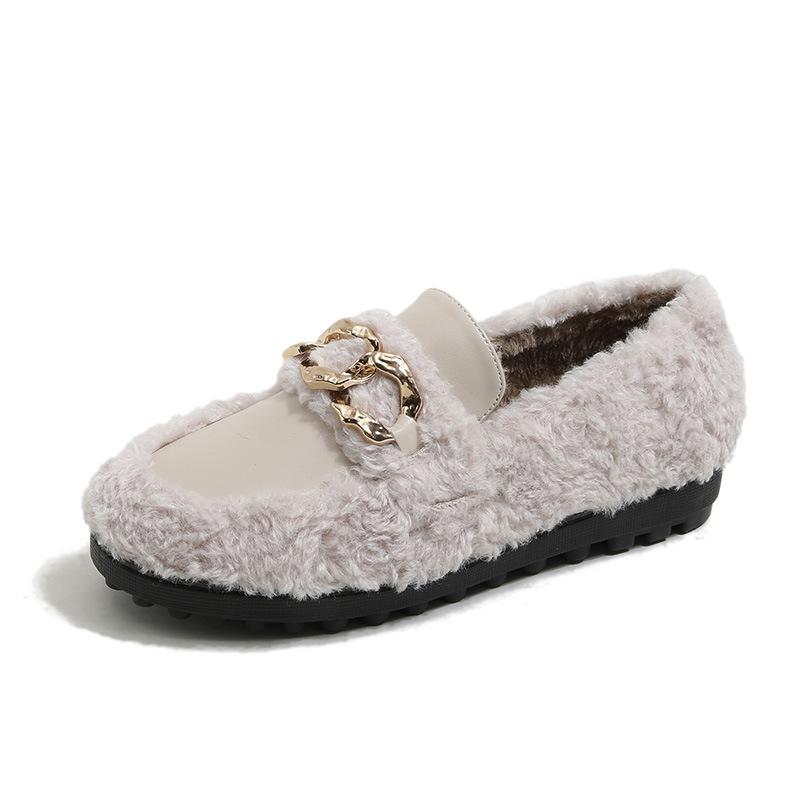 Fashion 2025 Winter Lambswool Loafers Women Traf Chain Shoes Shearling&Leather Patchwork Flats Sheep Fur Mocasines Ladies Bare Foot Shoe