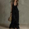 Women Bohemian Long Dress Summer Ruffle Deep V Neck Sleeveless Swing Dress Solid Color Loose Casual Beach Vacation Maxi Dress