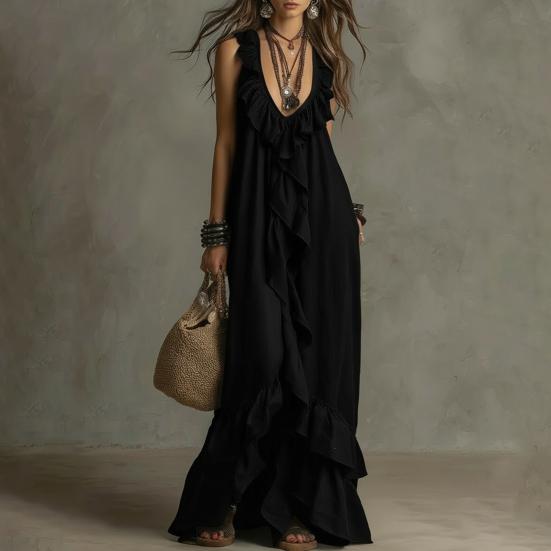 Women Bohemian Long Dress Summer Ruffle Deep V Neck Sleeveless Swing Dress Solid Color Loose Casual Beach Vacation Maxi Dress