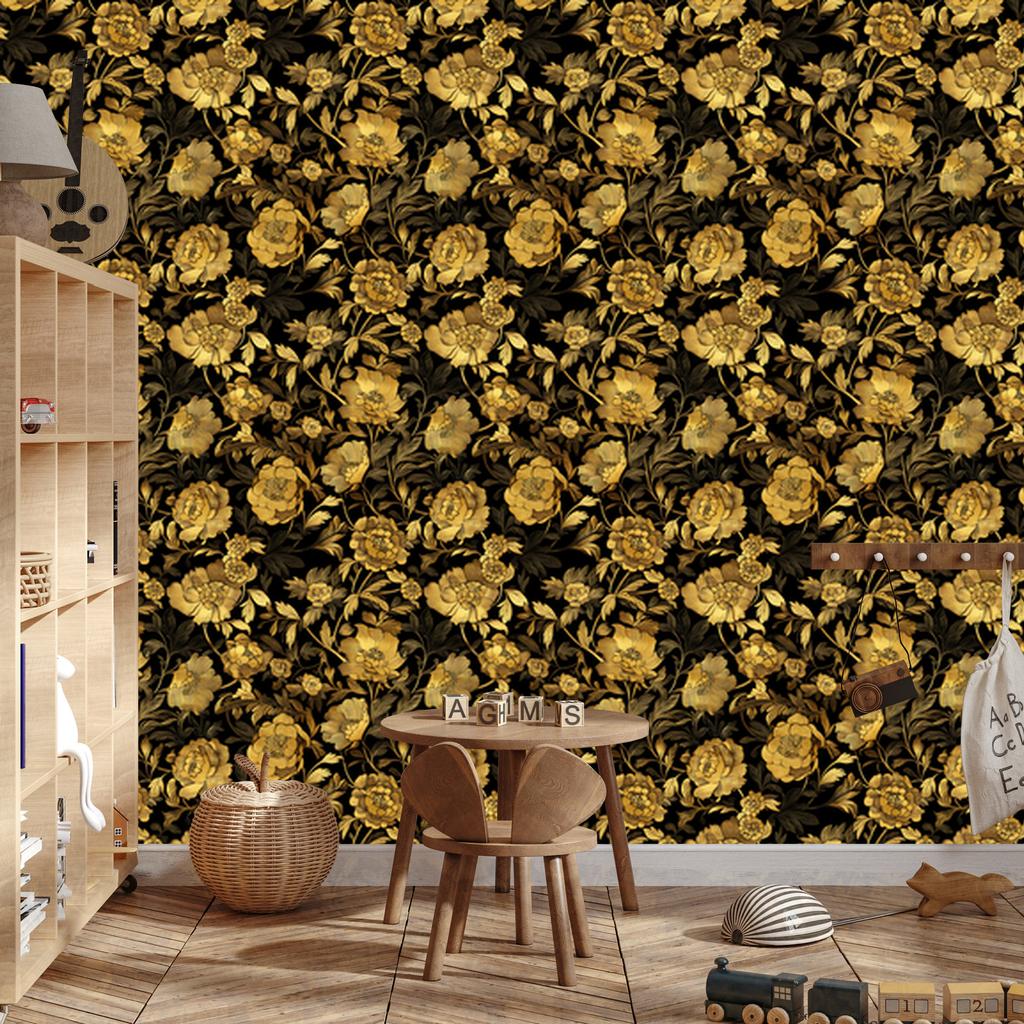 Golden Hibiscus Wallpaper Ochre and Gold, Subtle Detail 50x1000