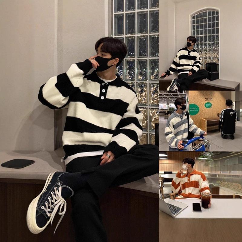 Men s Striped Sweater - High-End Retro Japanese Lapel Knitwear, Korean Casual Jacket XXL