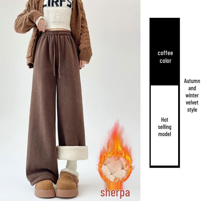 Women's Plus Size Herringbone Fleece-Lined Wide-Leg Pants, M-6XL, Autumn/Winter, High-Waisted, Thick, Casual, Straight