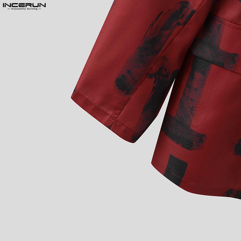 INCERUN Oversized Spring Men Lapel Neck Long Sleeve Print Button Thin Blazer Coats