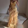 Womens Orange Sleeveless V-Neck Maxi Dress With Ruffle Hem Beach Vacation Style 2025