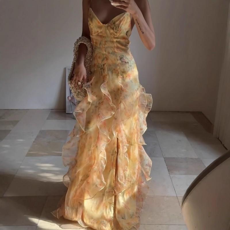 Womens Orange Sleeveless V-Neck Maxi Dress With Ruffle Hem Beach Vacation Style 2025