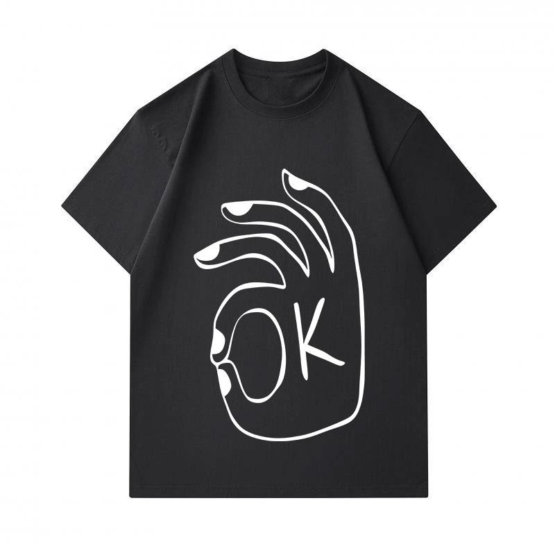 Men's 100% Cotton Crew Neck Short Sleeve T-Shirt, Casual OK Hand Sign White Line Print Soft Breathable Fashion Tee for Daily Wear All Season Casual Ou