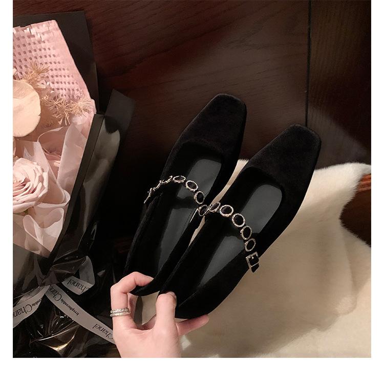 Sheepskin version~ French square head shallow mouth temperament rhinestone word with Mary Jane shoes women's suede low heel flat sole single shoes